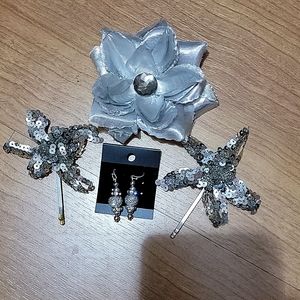 Silver Flower Hairclip & Earrings set